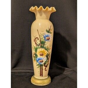 Antique Victorian Bristol? Glass Ruffled Vase Hand Painted Floral Flowers 7.5"t